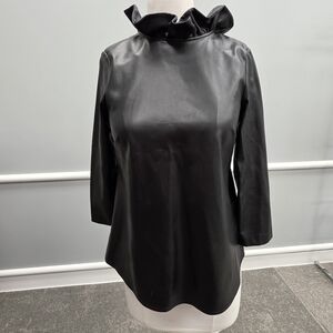 Tuckernuck Faye Faux Leather Black Ruffle Neck Blouse